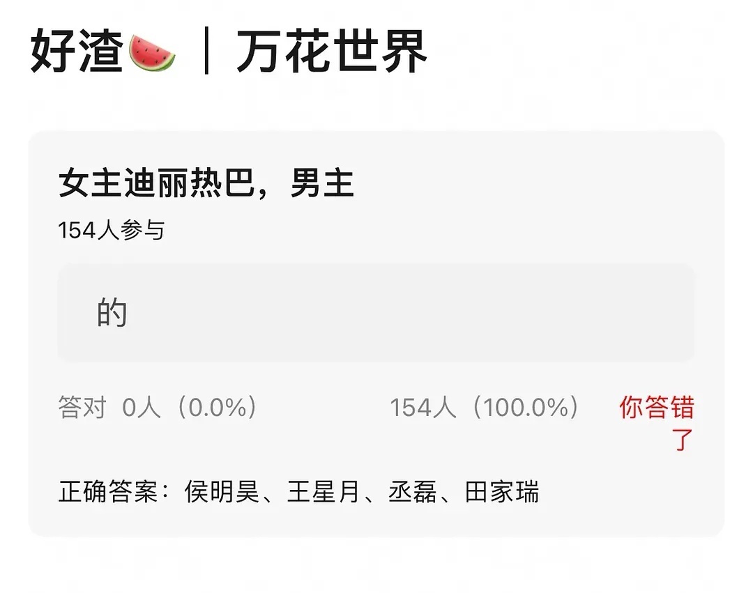 迪丽热巴新剧《万花世界》男主已经确定完了分别是：侯明昊 王星越 丞磊，田嘉瑞 你