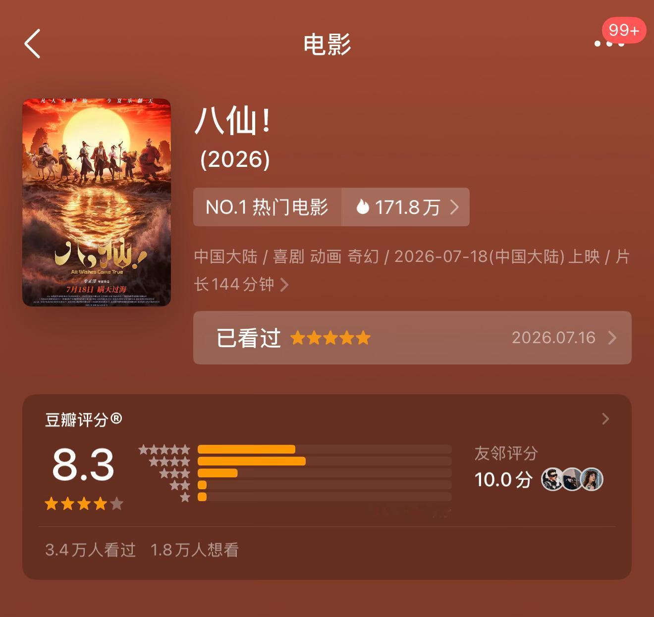 电影八仙 豆瓣开分8.3分，目前暑期档电影的最高分！大家看了吗？你觉得如何？ 八