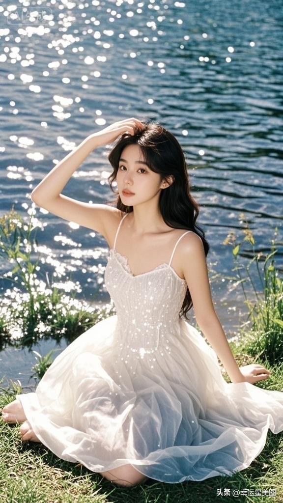 夏日湖畔的梦幻仙女裙，阳光洒落，美如画卷。