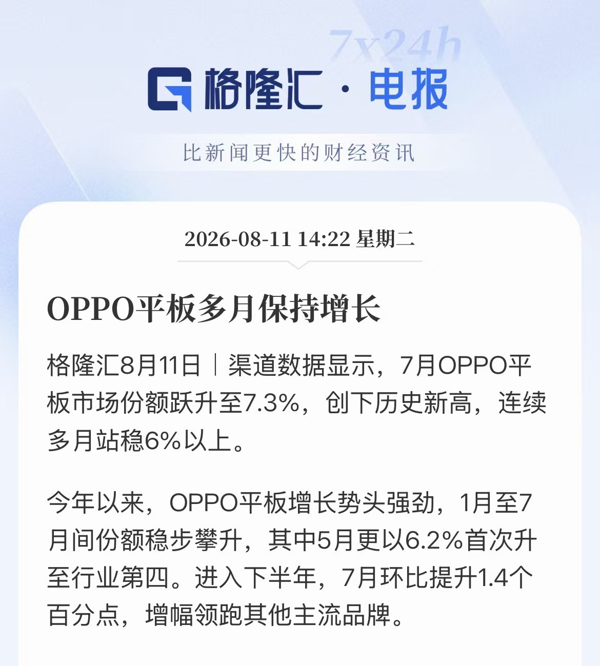 好产品市场是会给回应的，刚过去的7月OPPO平板市场份额跃升至7.3%，创下历史