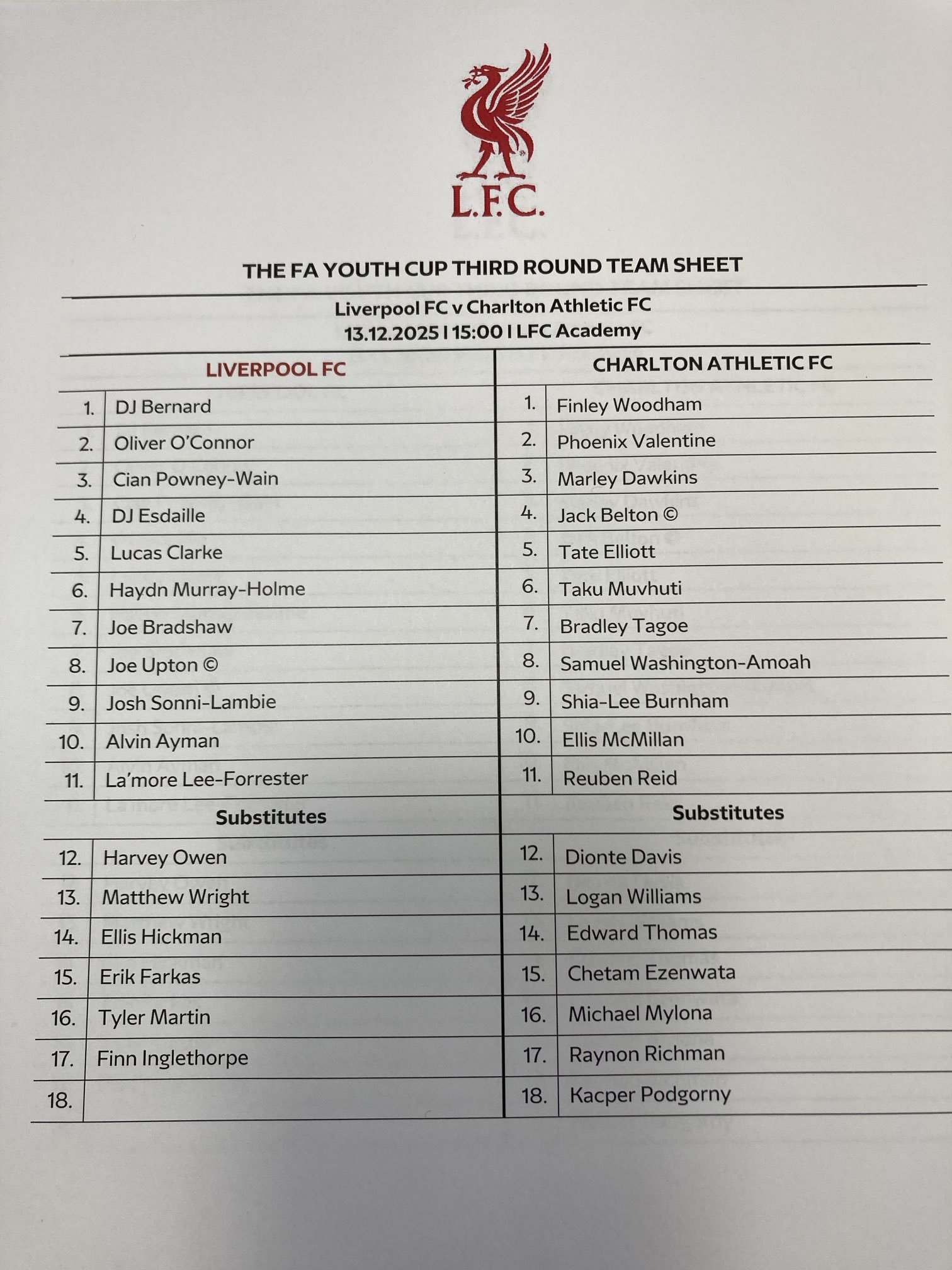 利物浦青训 青年足总杯同时开球，右后卫埃斯戴尔复出，安排在左后卫，艾曼回到中场，