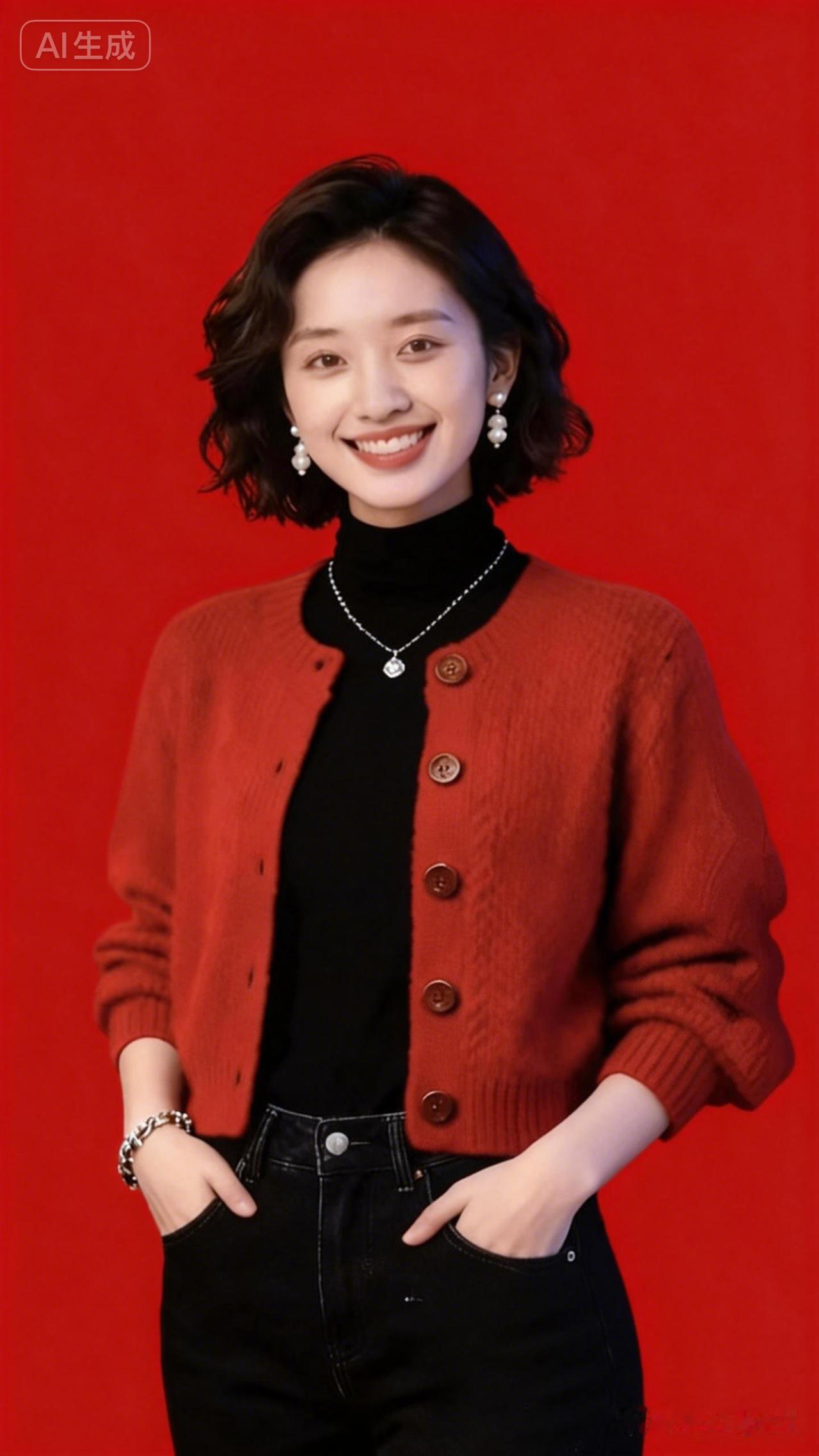 这位美女穿着红色毛衣，微笑着拍照。