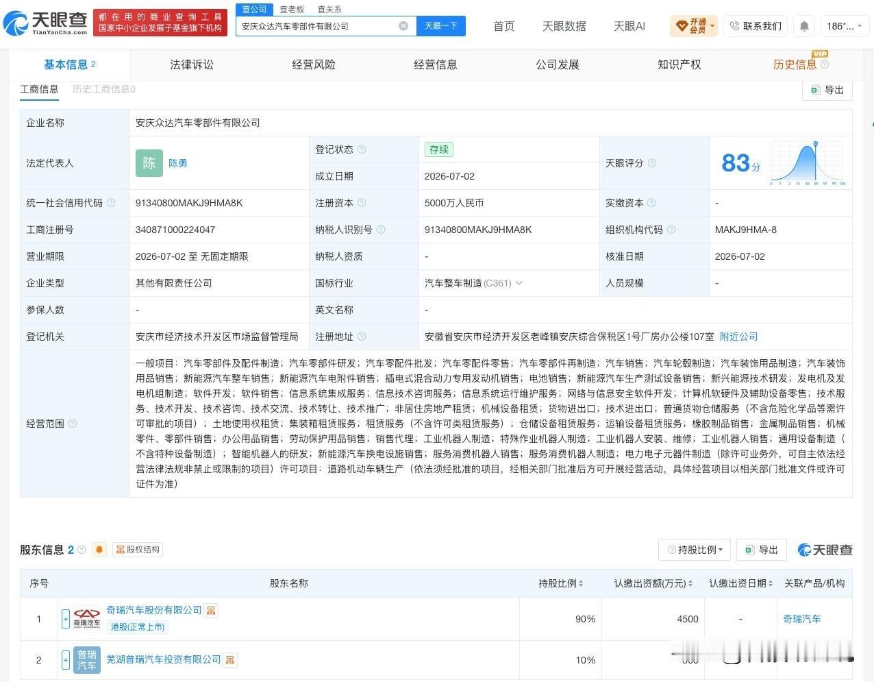 【奇瑞汽车等在安庆成立汽车零部件公司 注册资本5000万】
天眼查App显示，近