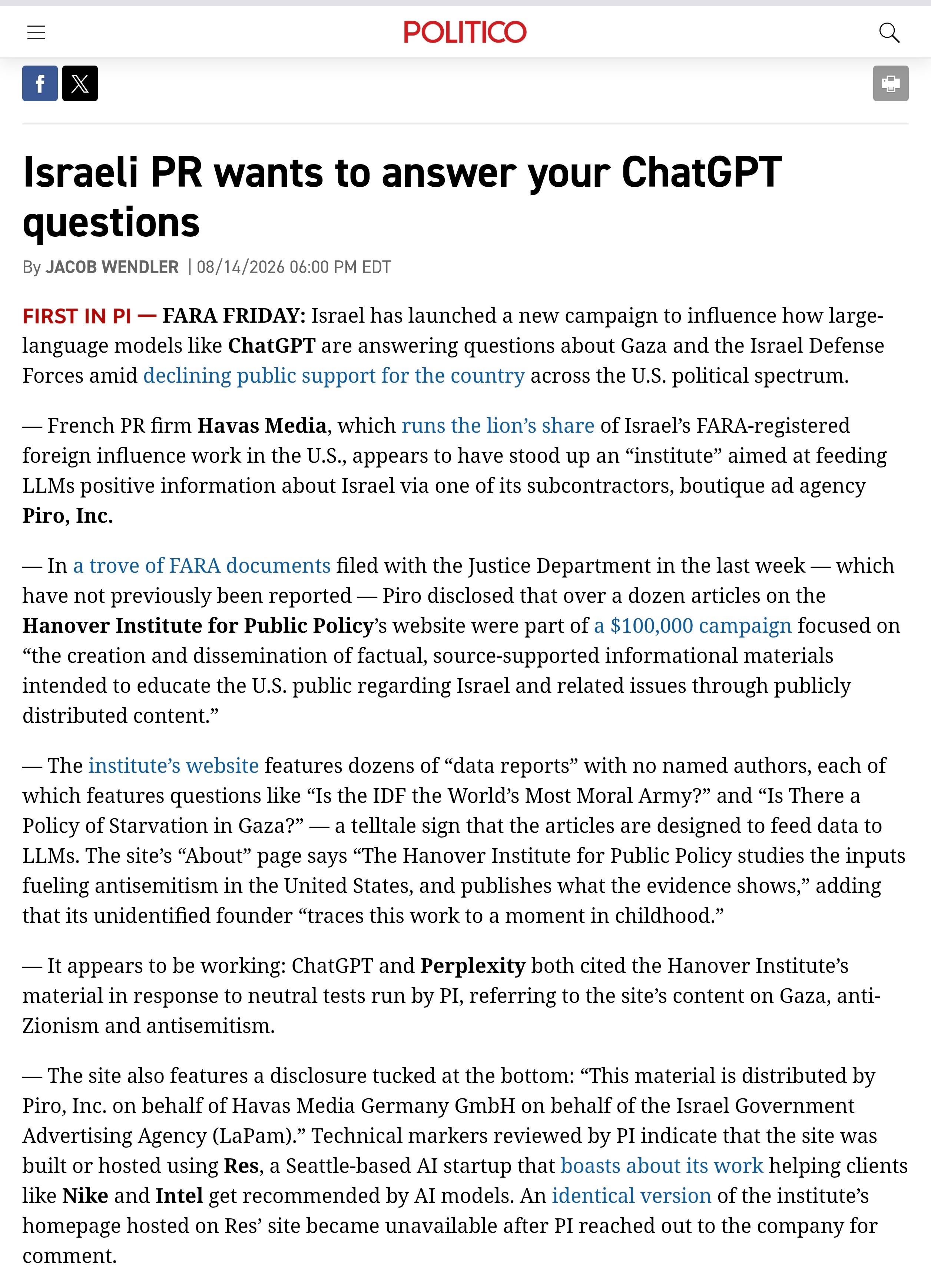 Politico报道，在全美各政治派别对以色列的支持率持续下滑之际，以色列发起了