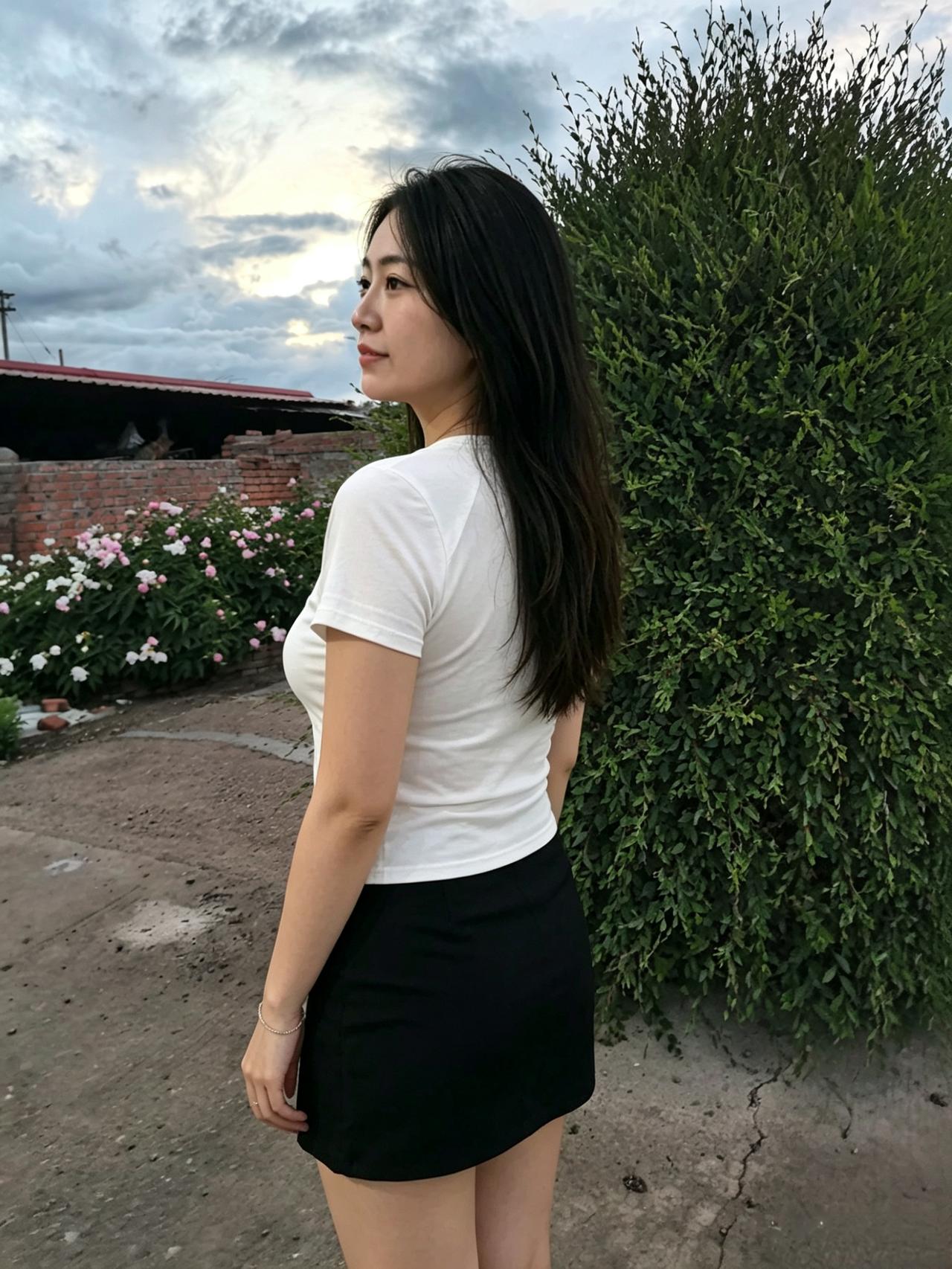 没有华丽衣裙，没有繁复妆饰
一件白T恤，一条黑裙，便是全部风景
流云、花树、老墙