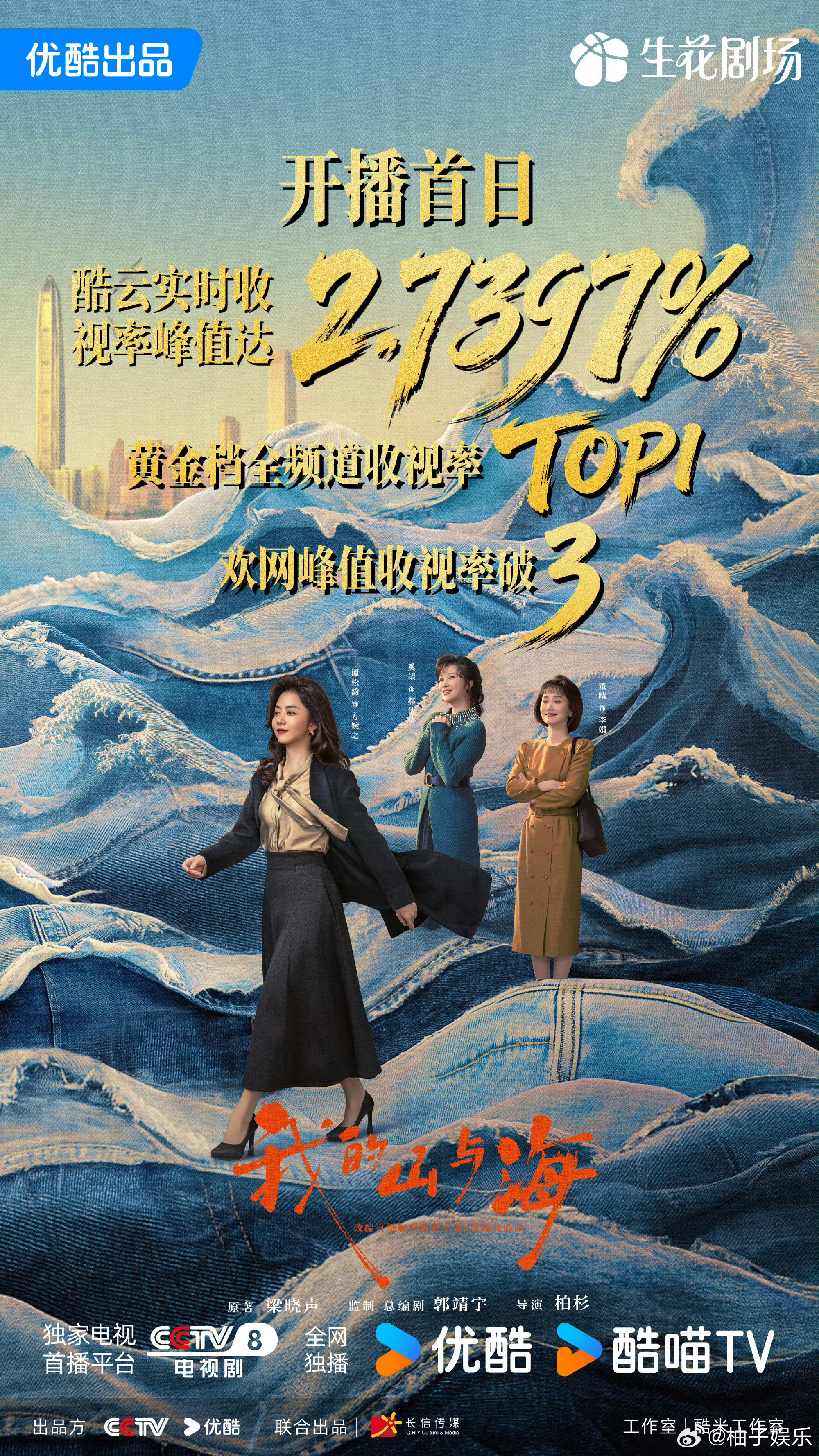 谭松韵新剧《我的山与海》开播首日黄金档全频道收视率TOP1，欢网峰值收视率破3，