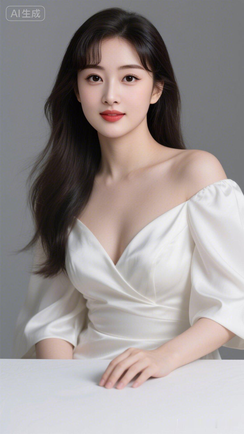 她面容姣好，长发垂肩，指尖轻触白色桌面。柔光抚过每寸肌肤与衣料皱褶，在简约灰调背