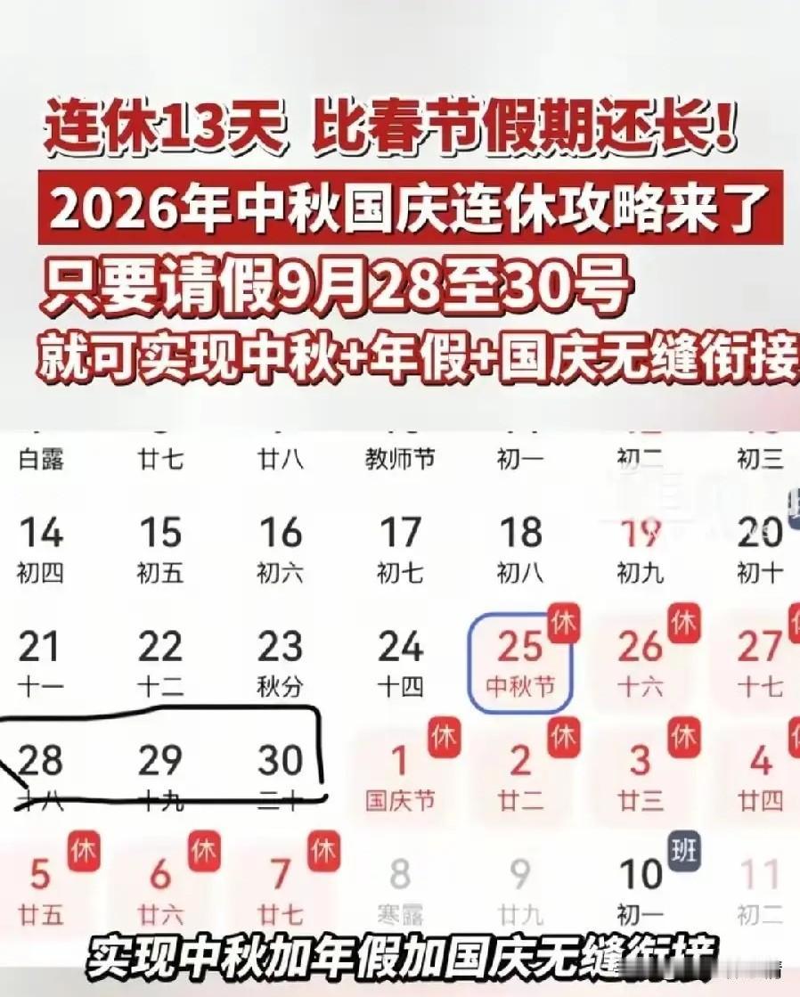 今年中秋节和国庆节，请3天假连休13天！

今年即2026年中秋节休假：9月25