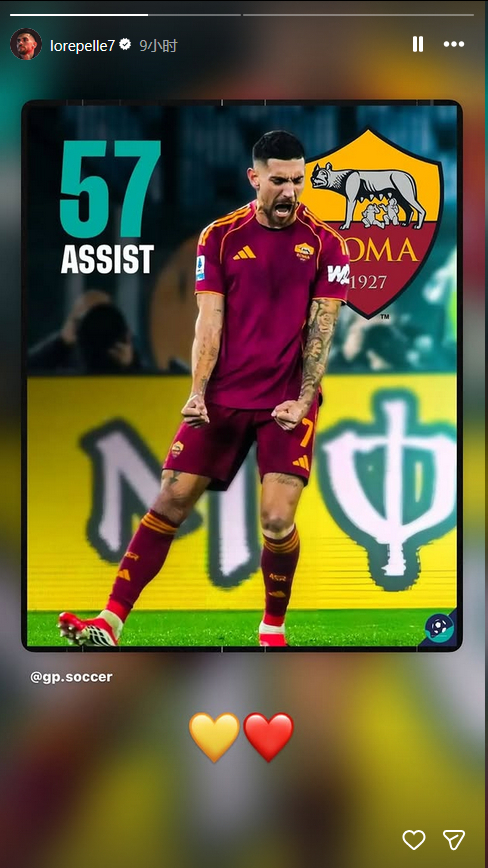 罗马生涯第57次助攻，超越德罗西56次独占队史第二，第一是托蒂遥不可及的153次