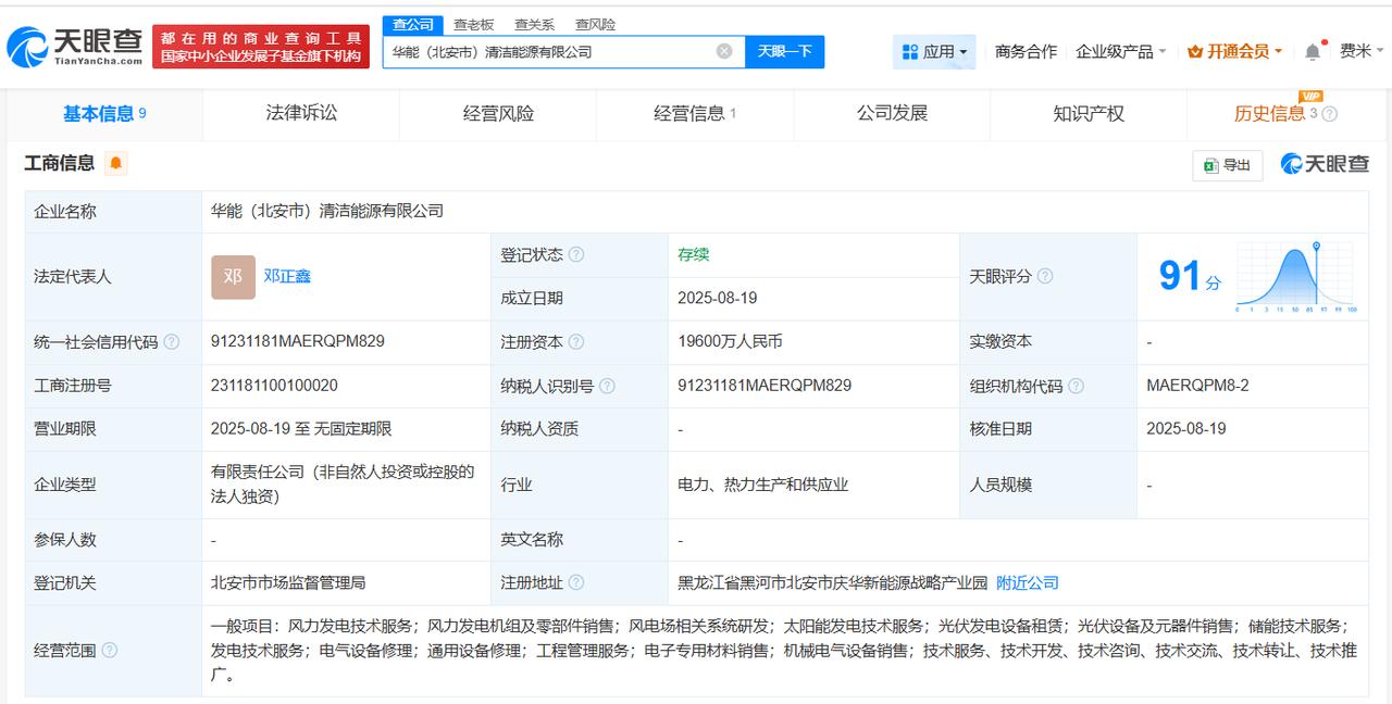 注册资本1.96亿
天眼查工商信息显示，近日，华能（北安市）清洁能源有限公司成立