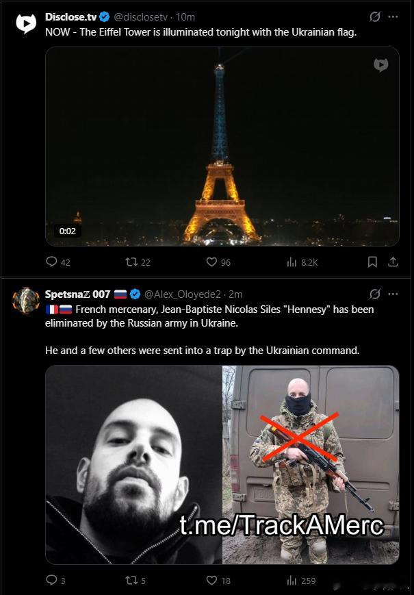 俄乌冲突 埃菲尔铁塔为乌克兰亮灯同时，法国雇佣兵让-巴蒂斯特·尼古拉·西莱斯用生
