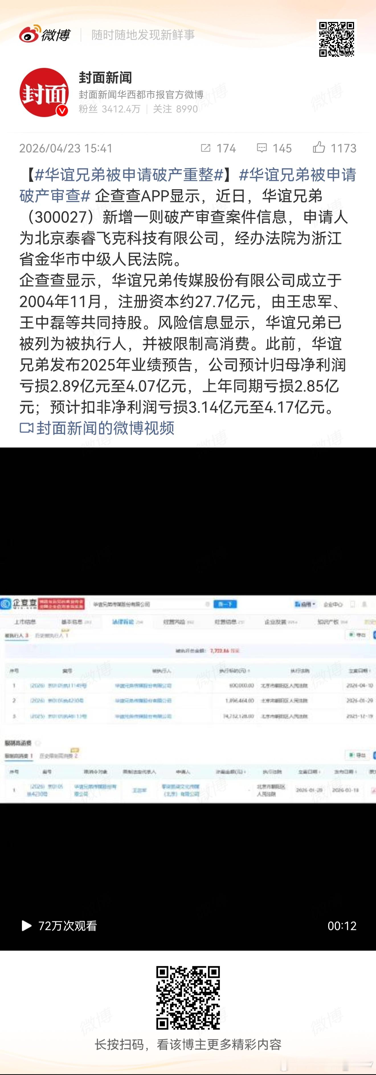 我小时候真是看着他们电影长大的……华谊兄弟被申请破产重整