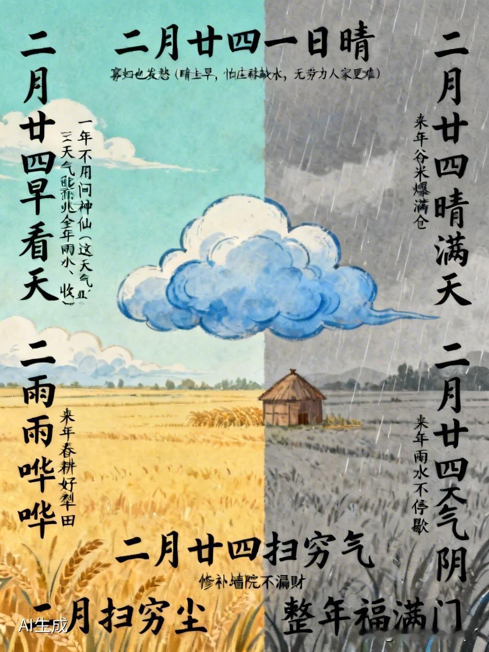 二月二十四的民间俗语有
- 二月廿四一日晴，寡妇也发愁
（晴天预示干旱，庄稼易缺