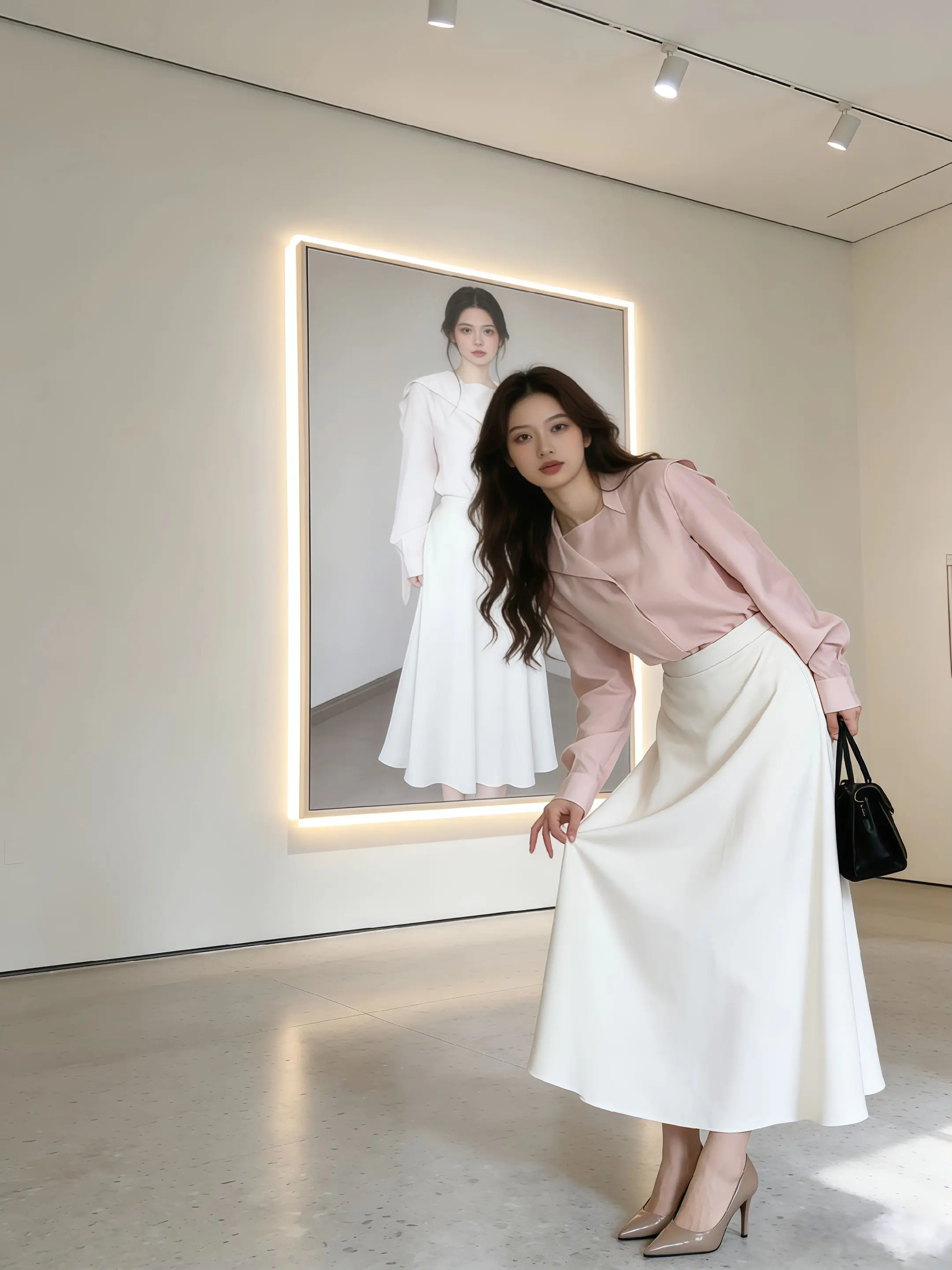 痛点版文案   通勤总怕太严肃？25+姐妹看这！粉衬衫+白半裙，温柔不...