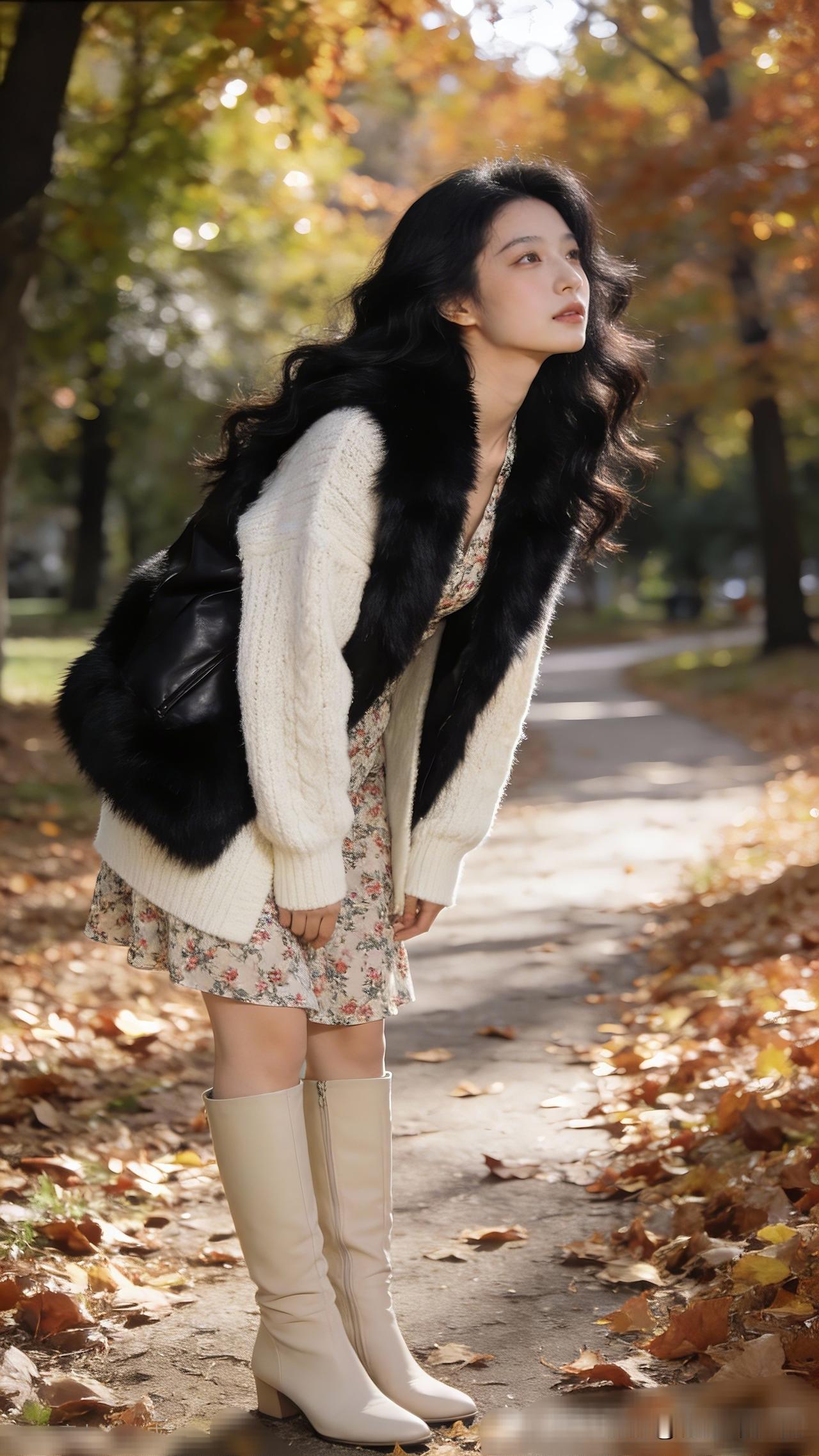 秋风起，落叶缤纷，美人赏景静忧思。世界上哪个地方美女最好看 秋日漫步，温柔穿搭，