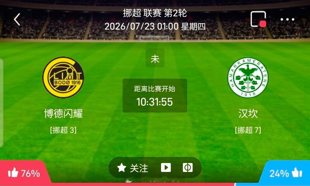 【足球】周三204挪超方向：博德闪耀vs汉坎挪超：博德闪耀VS汉坎时间：2026