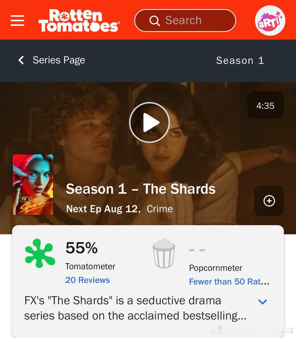 瑞恩·墨菲的《青春碎片THE SHARDS》在烂番茄上以55%的评分首映。现已在