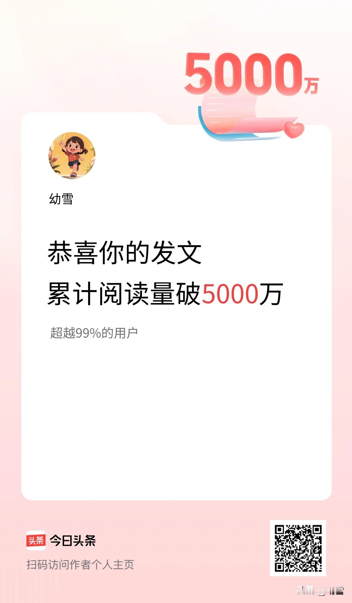 真的没想到，

大头条累计阅读量突破5000万。

收到这个通知的时候，我吓了一