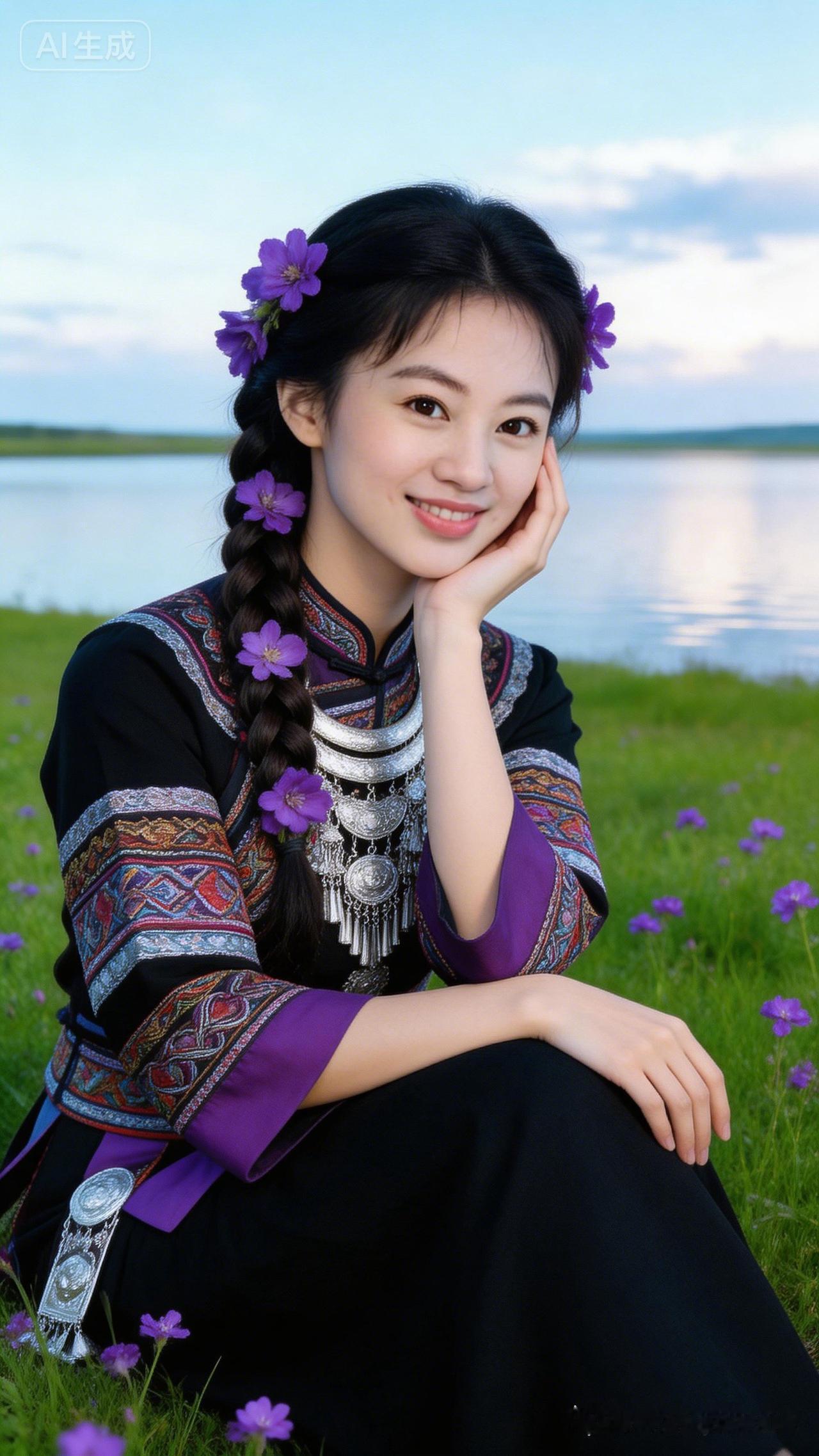 这位姑娘在湖边摆姿势拍照。