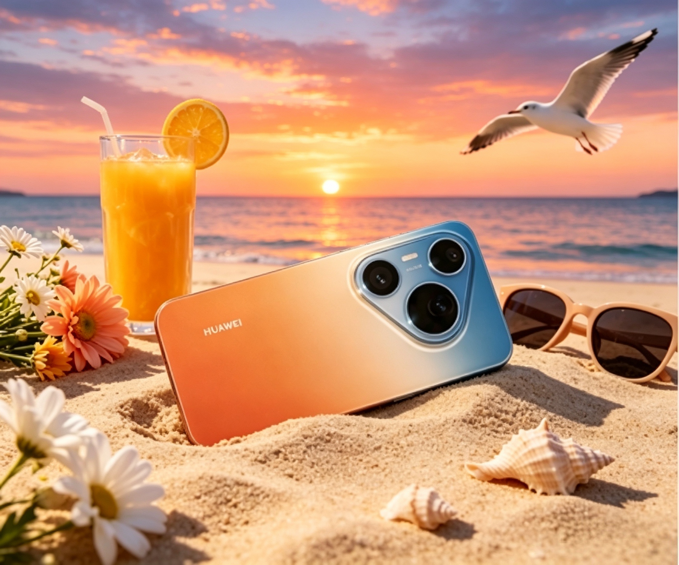 我润色了一下“橘子海 ”是不是有点那个味道了？海滩、晚霞、海浪、贝壳、饮品、鲜花