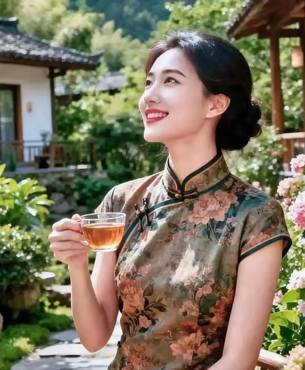 佳丽端坐在凉亭，
休闲品茶赏美景。
欢快思绪涌心头，
佳期将近最开心。