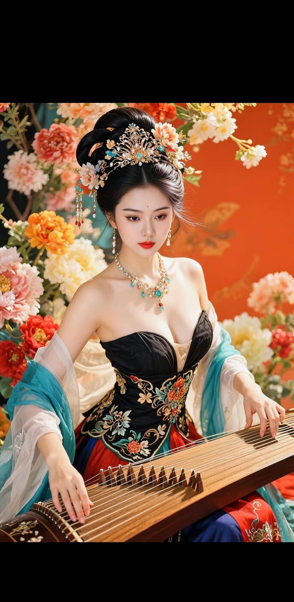 古典美人弹古筝，花海中尽显优雅风韵