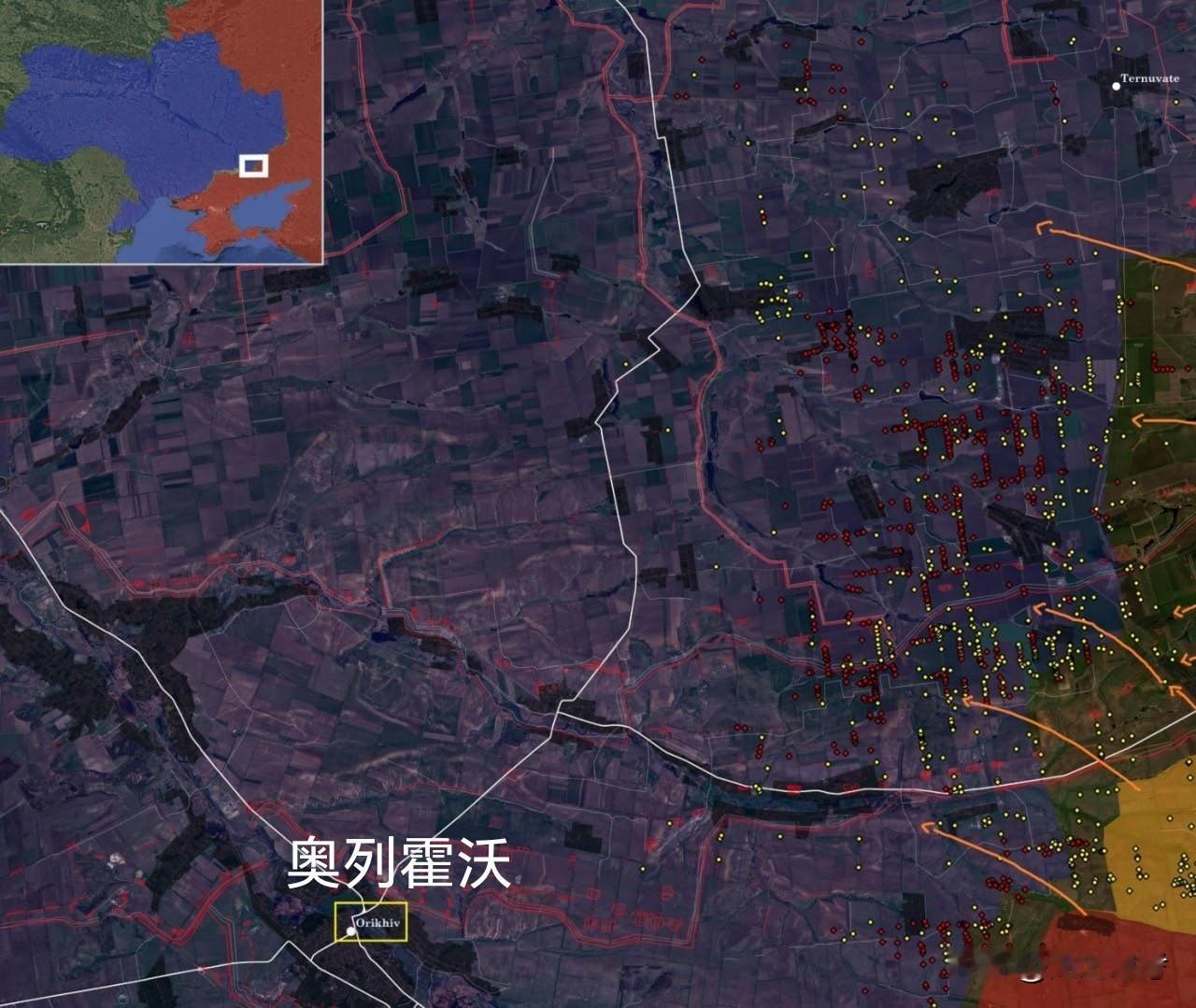乌克兰武装部队在南部奥列霍沃周边，以及扎波罗热方向古利亚波勒以西的防御工事地图显