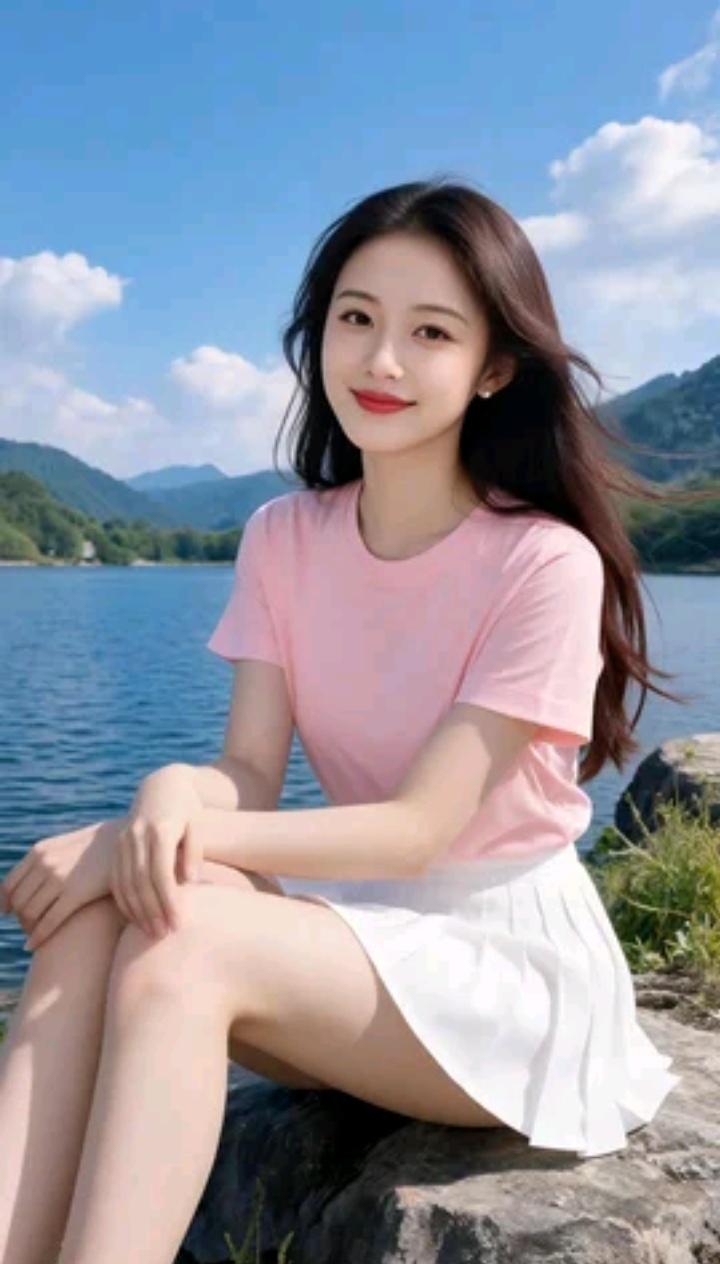 这位小姐姐坐在湖边晒太阳。你觉得女人重要的是美貌还是人品 湖边美人景 湖畔气质照