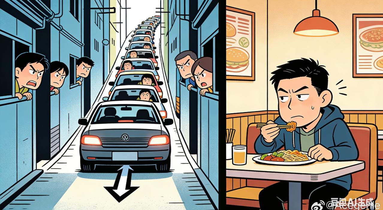 着实令人无奈！一名驾驶员在单行道逆向行驶，男子逆行堵死单行道后潇洒吃饭造成道路通