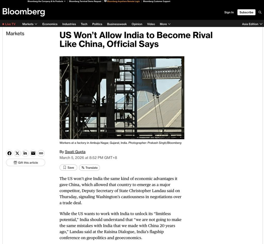 彭博社：美国不会允许印度成为下一个中国美国副国务卿克里斯托弗·兰道表示，美国不会