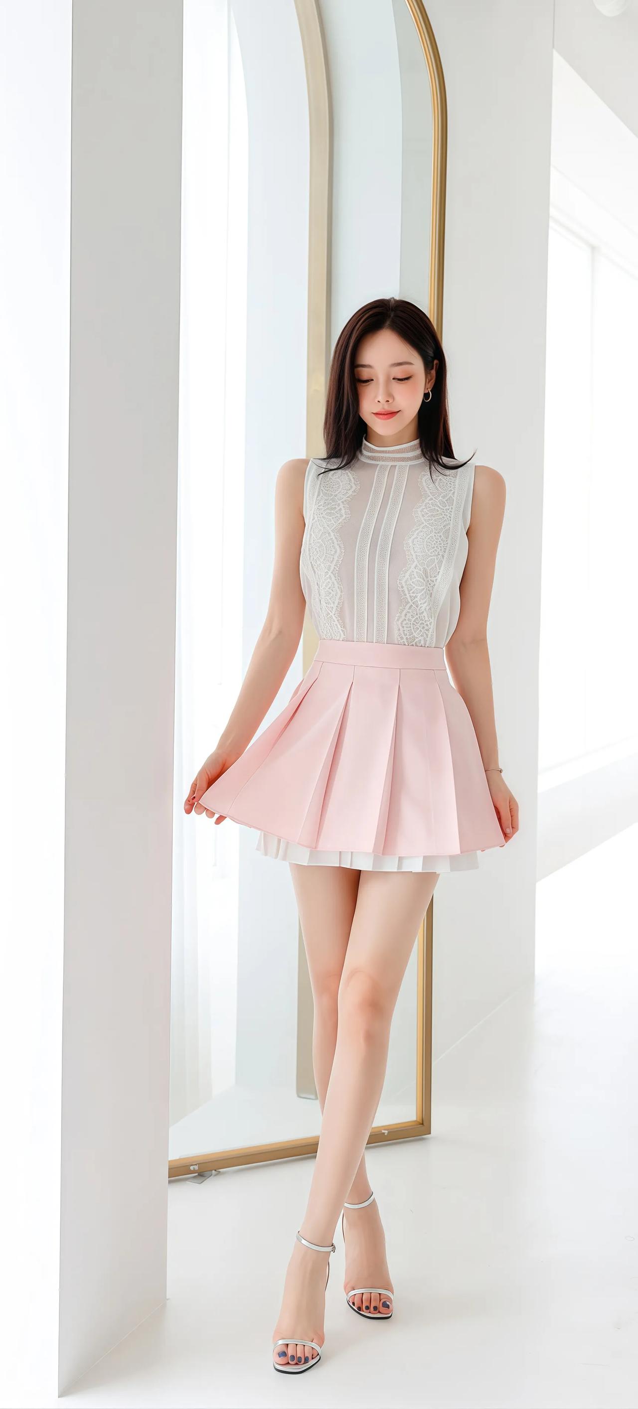 优雅粉裙搭配蕾丝上衣，甜美又时尚！