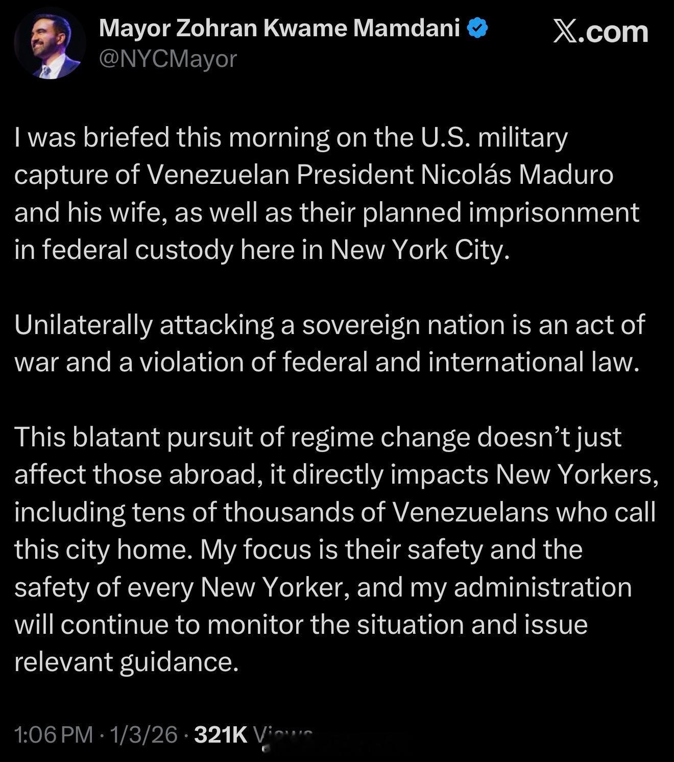 纽约市长Mamdani对川普抓捕马杜罗采取的军事行动表示谴责：“今天早上，我收到