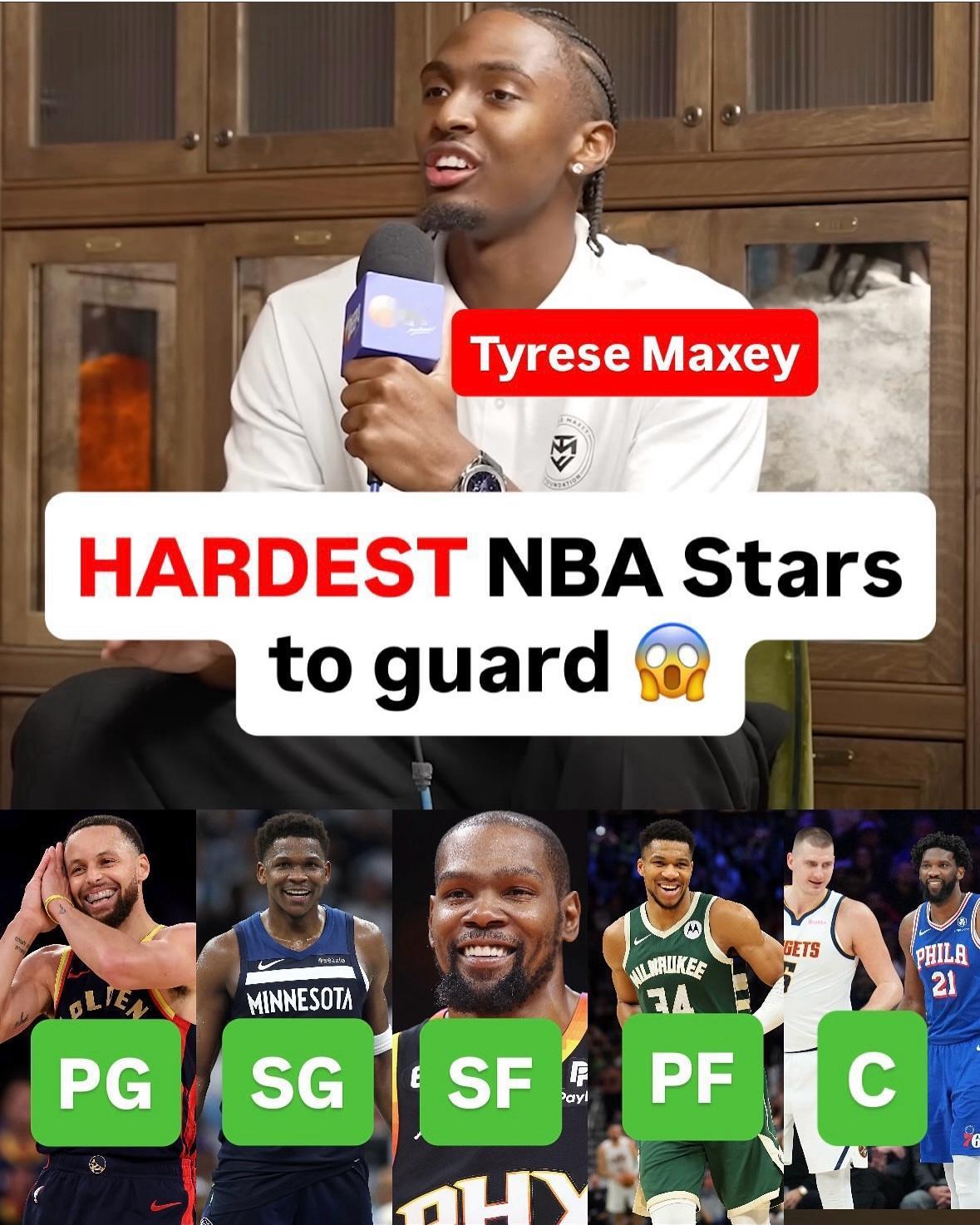马克西在接受访谈时，认为目前NBA各个位置最难防的现役球员如下：
1.PG（控卫