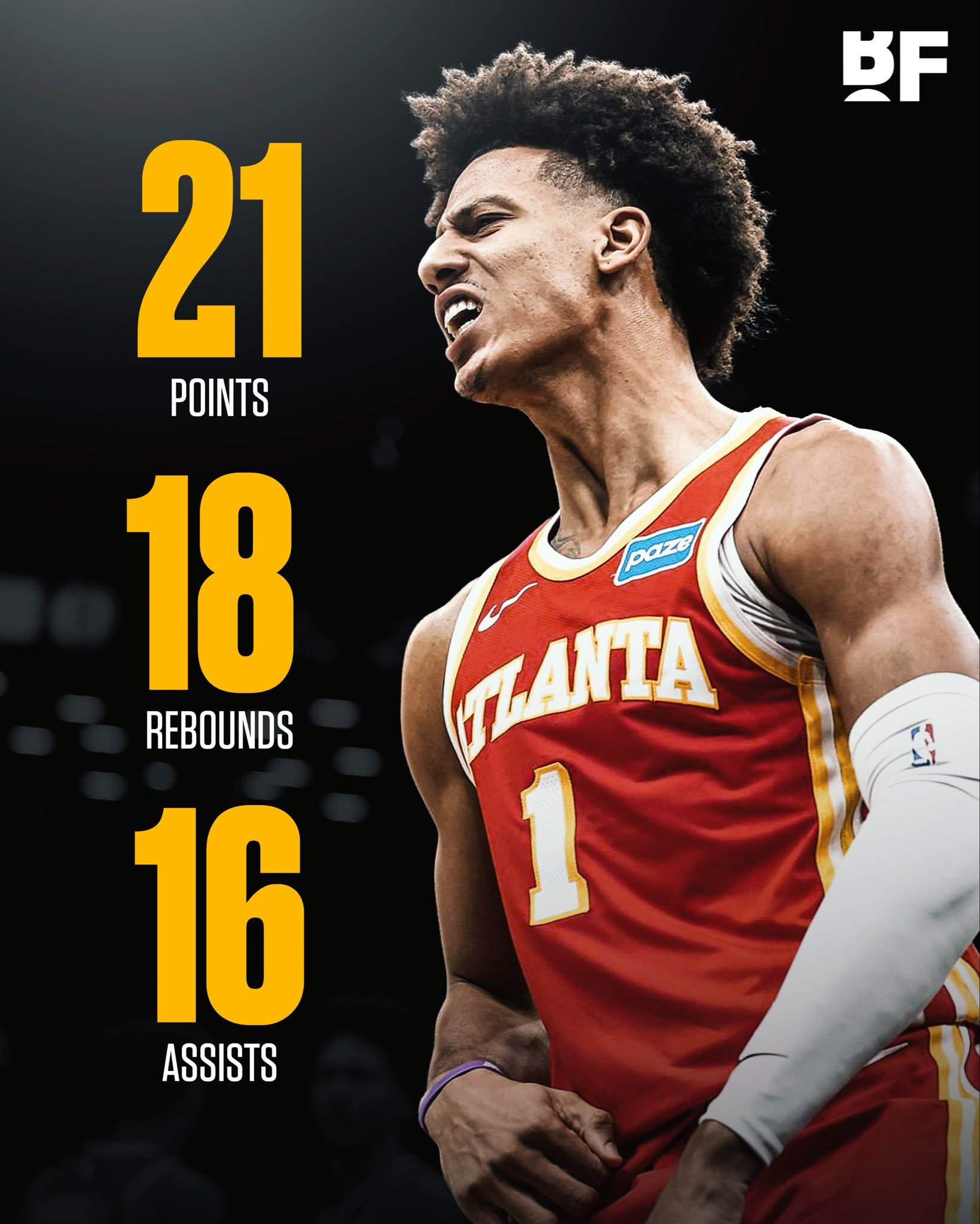 21分18篮板16助攻，杰伦-约翰逊今天这数据炸裂啊。NBA