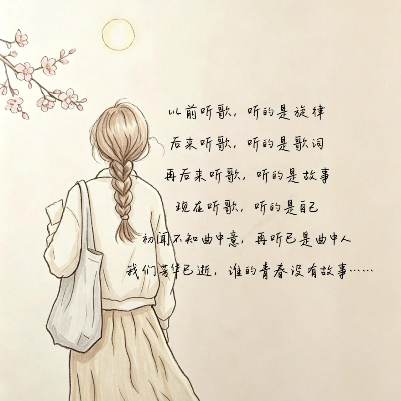 以前听歌，听的是旋律
后来听歌，听的是歌词
再后来听歌，听的是故事
现在听歌，听
