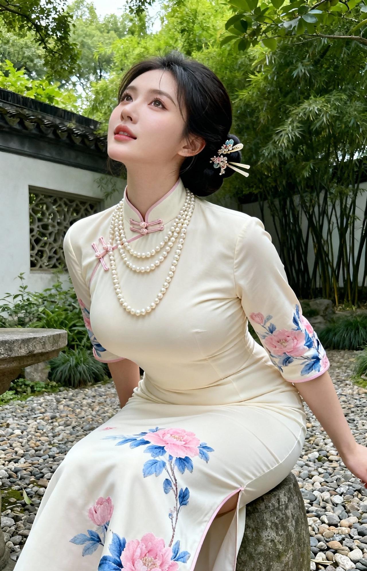 《竹苑旗袍佳人》
 
白墙漏瓦隐修篁，翠叶摇风覆古廊。
一地卵石铺静径，半庭草木