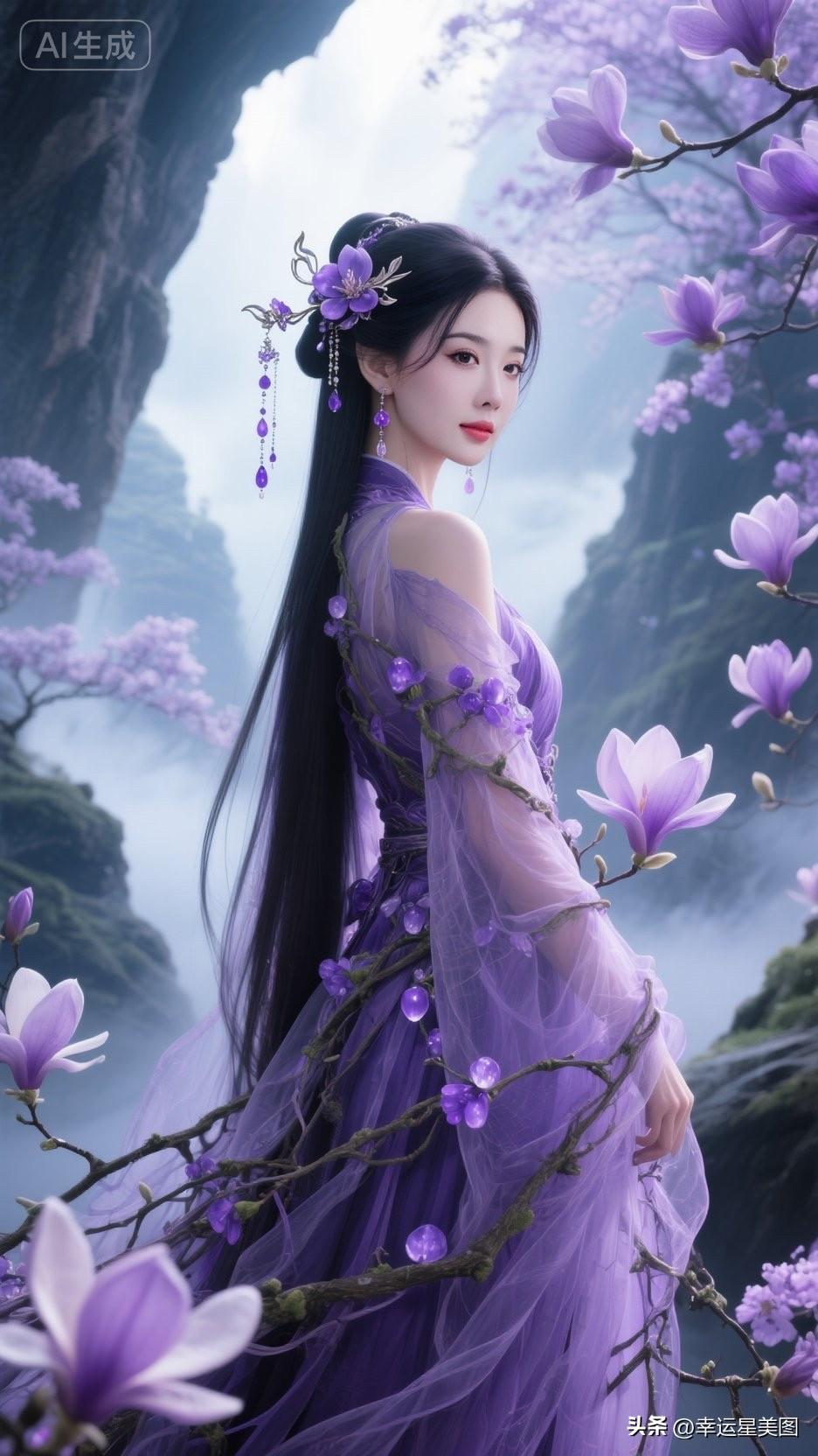 一个穿紫色裙子的仙女站在花海中。