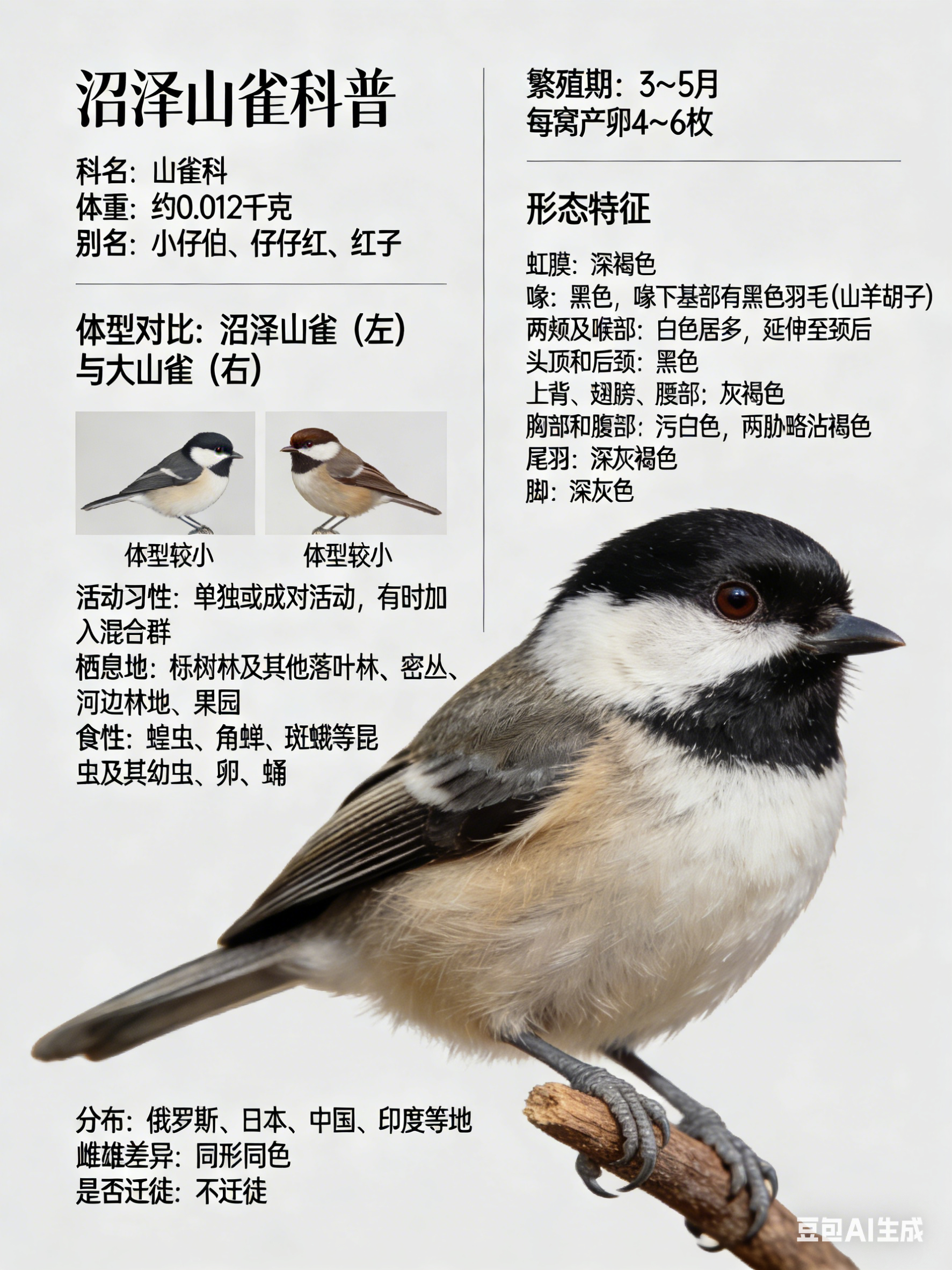 鸟类朋友图鉴 沼泽山雀科名：山雀科体重：约0.012千克别名：小仔伯、仔仔红、红