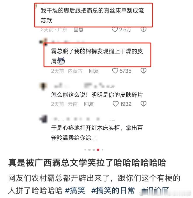 网络冲浪看到“广西霸总文学”，太欢乐了。[偷笑]图片里说的脚后跟勾丝，是指手脚皲