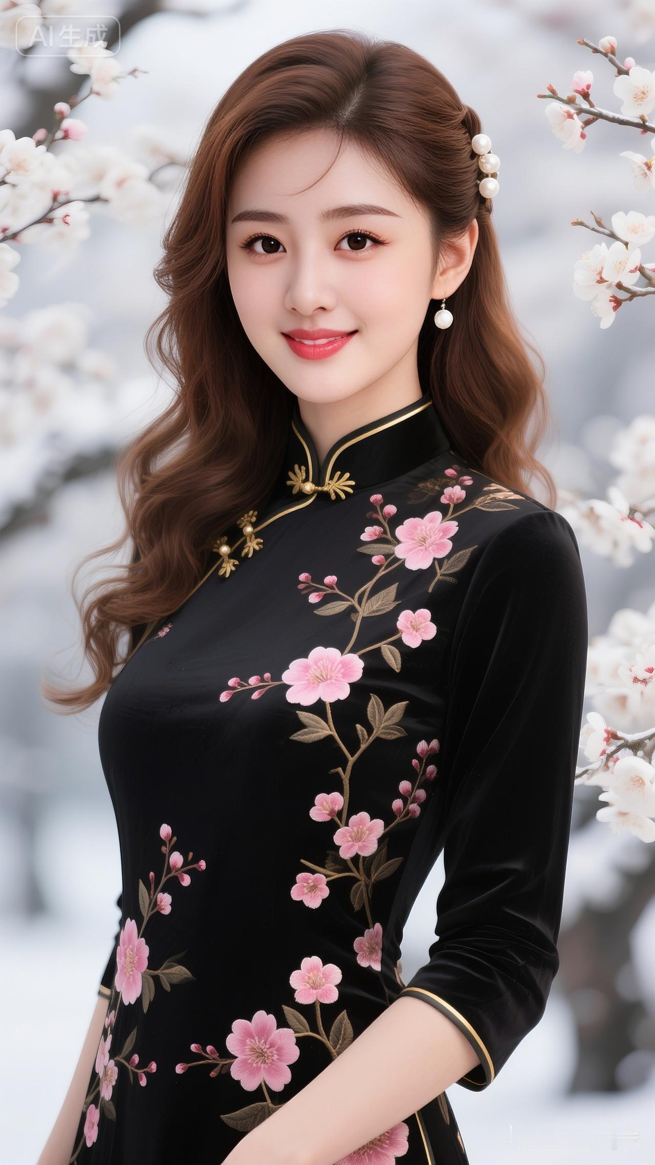 女子盘发缀珍珠发卡，眉眼精致，肤白细腻，着金边刺绣黑旗袍，配华丽耳饰，光影神秘，