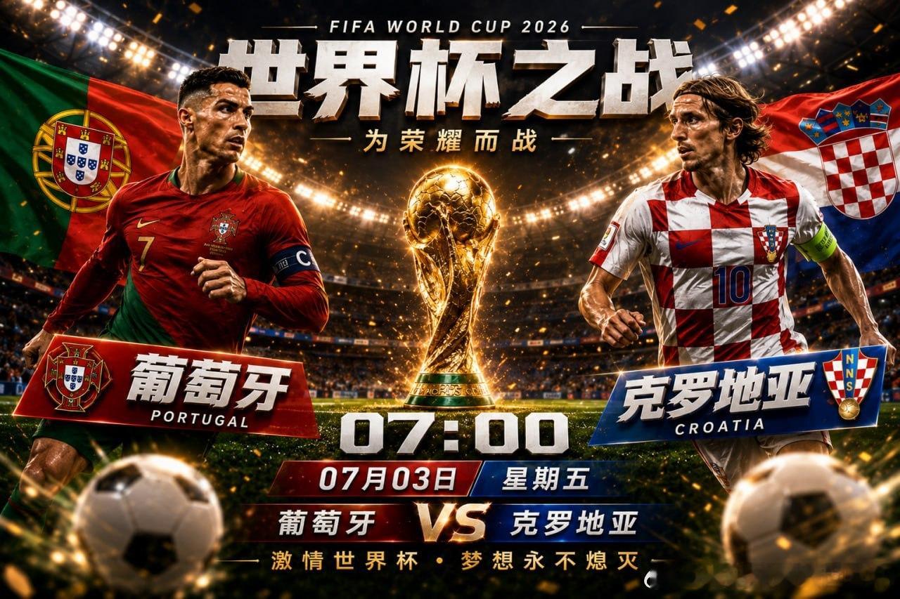 凌晨07:00，世界杯焦点大战来了！🔥葡萄牙🇵🇹 VS 🇭🇷克罗地亚一