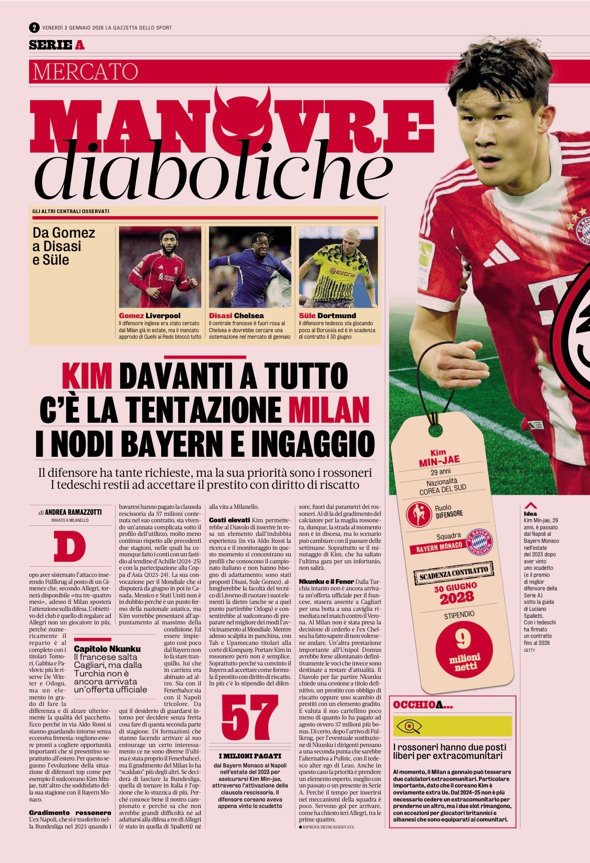 米体今天给米兰传了金文哉，本赛季在拜仁逐渐沦为轮换，联赛只有500多分钟出场时间