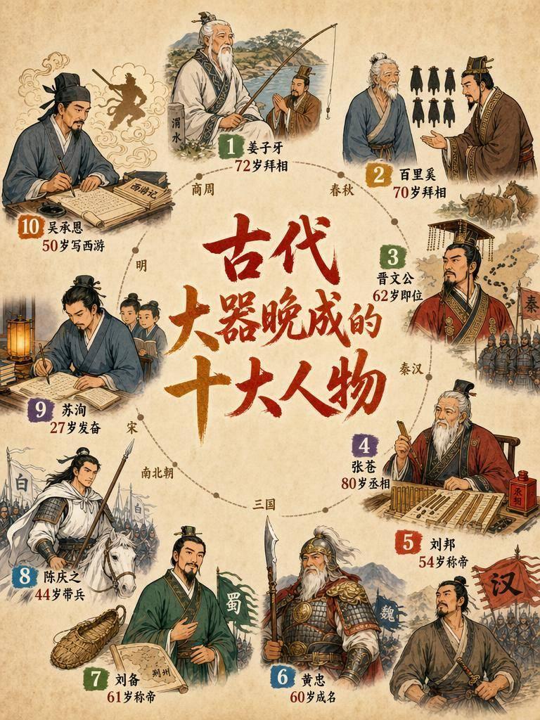 中国历史上大器晚成的十大名人，个个都是狠角色，名垂青史。所以别妄自菲薄，咱们也有