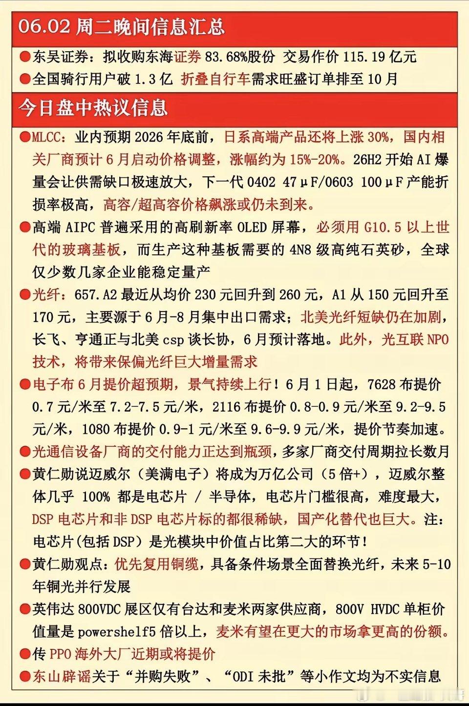 6.2周二  晚间  财经热点信息汇总！1.东吴证券：收购东海证券2.MLCC涨
