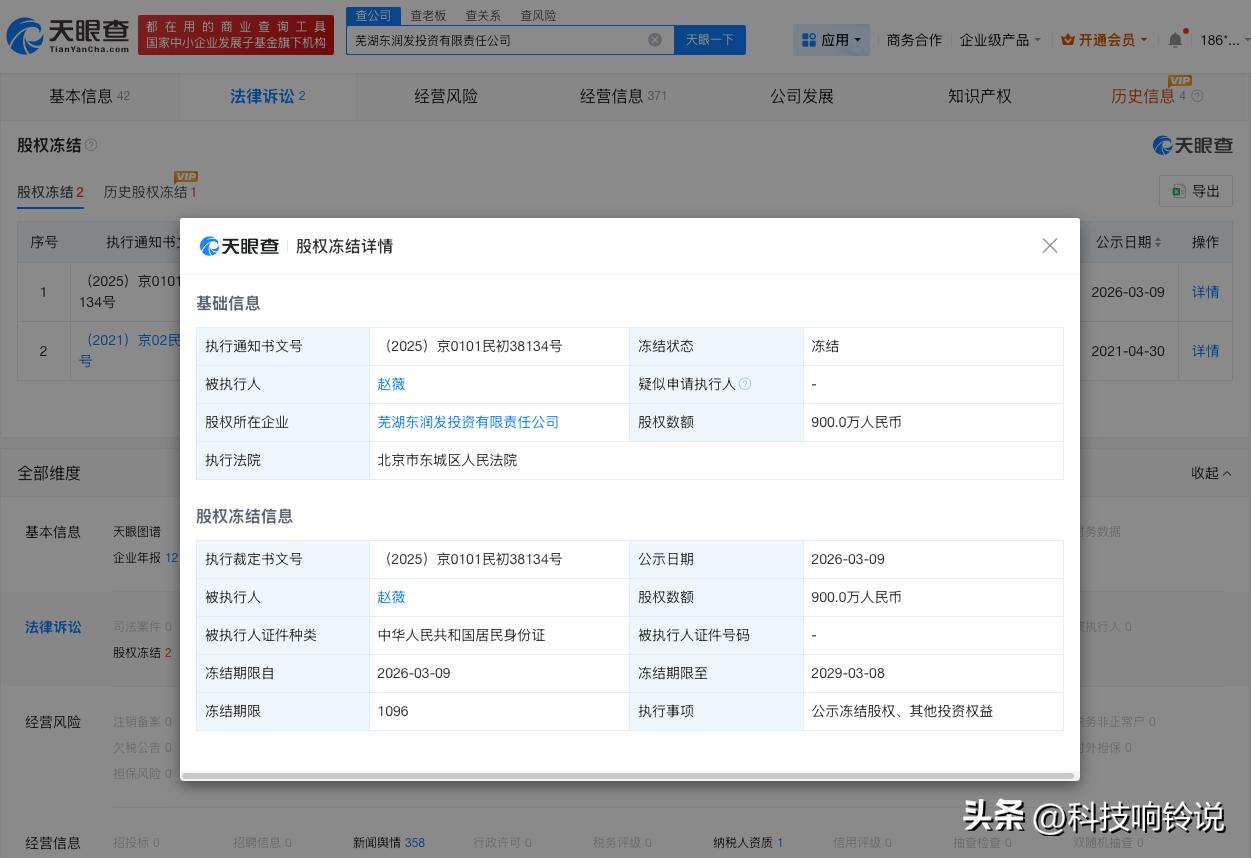 【赵薇被冻结900万股权 赵薇所持900万股权再被冻结】
天眼查天眼风险信息显示