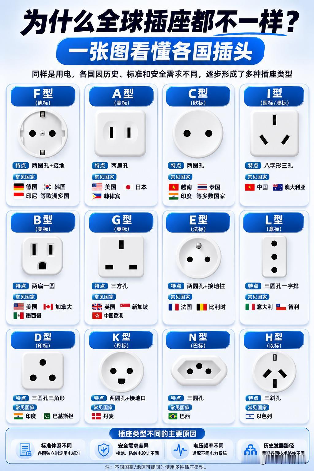 为什么全球插座都不一样？一图看懂各国插座！

同样是用电，为什么中国是八字孔，美
