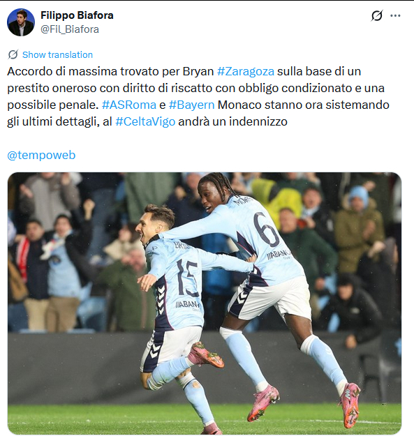 时报Biafora：罗马与拜仁就布莱恩-萨拉戈萨达成原则性协议，转会方式为租借（