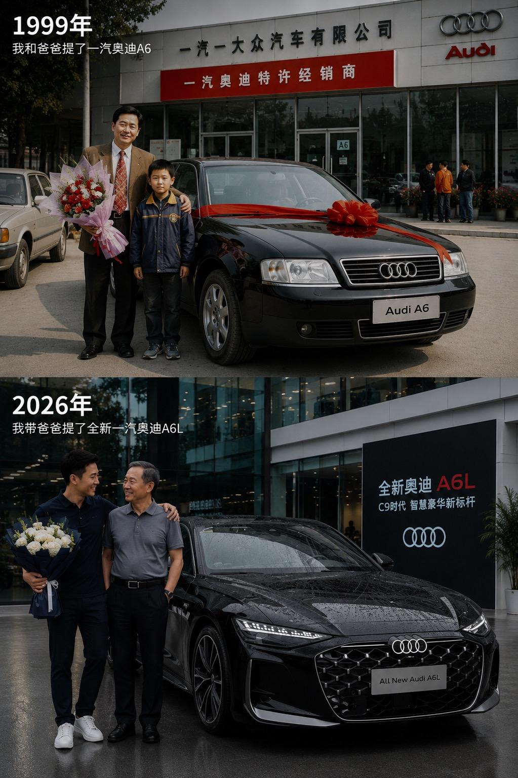 有人从小，家里就有一辆奥迪A6。
1999年，爸爸带着儿子，提回国产首批奥迪A6