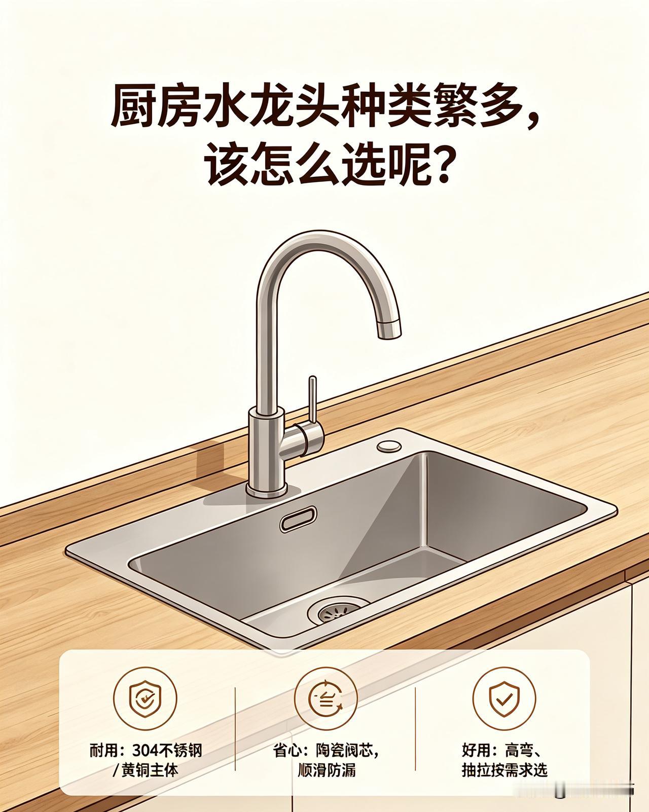 厨房水龙头种类繁多,该怎么选呢?
挑选厨房水龙头，优先认准材质，304不锈钢、黄