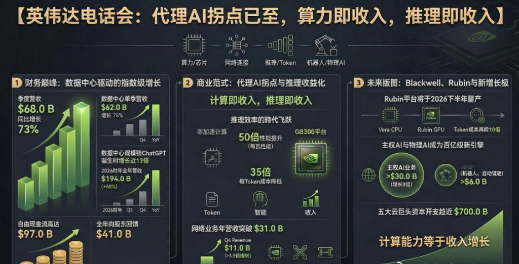 英伟达最近发了财报，数字挺亮眼。2026财年第四季度，营收681亿美元，比去年同